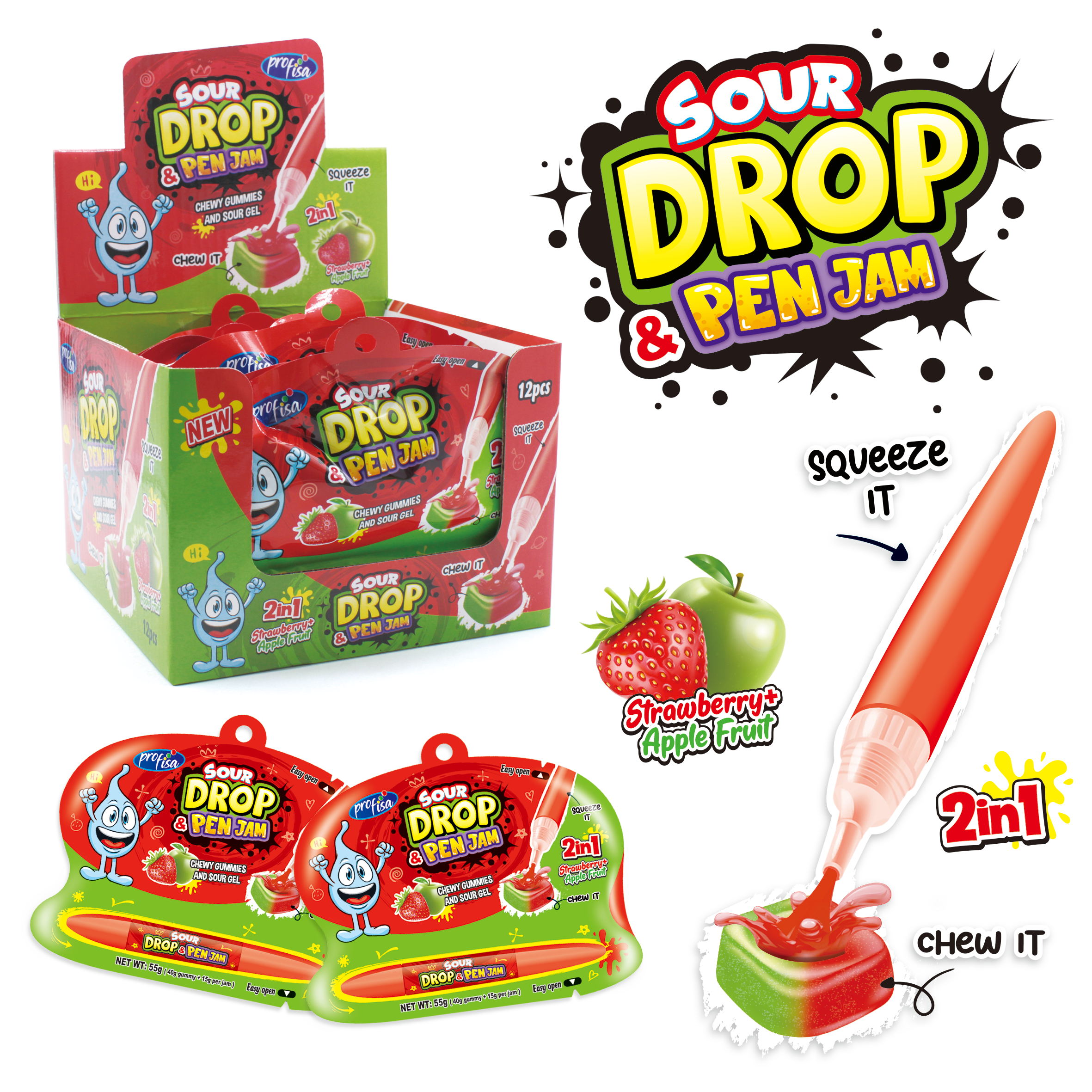 Jelly candy-pen "Sour Drops&Pen Jam Strawberry" 55 gr