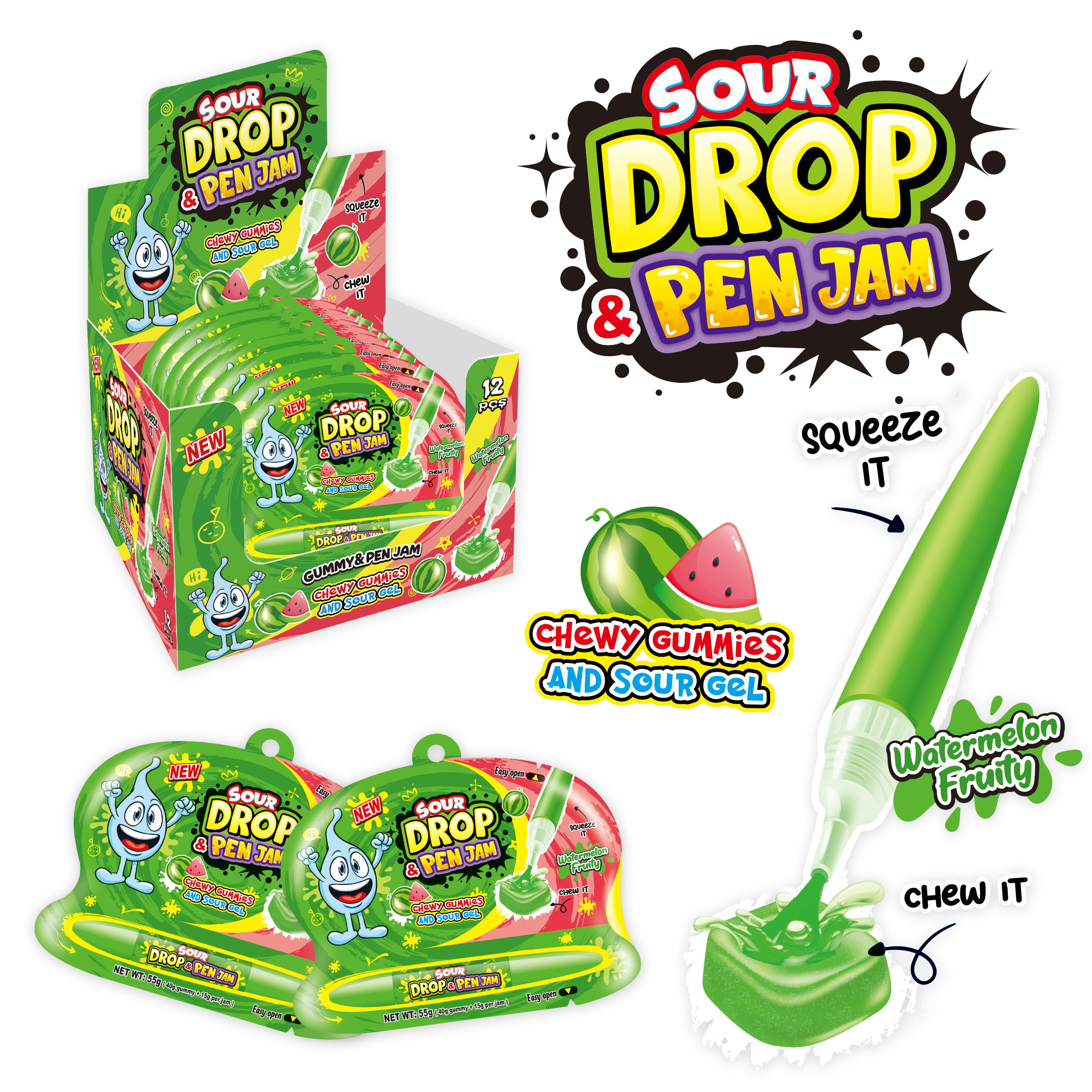 Jelly candy-pen "Sour Drops&Pen Jam Watermelon" 55 gr